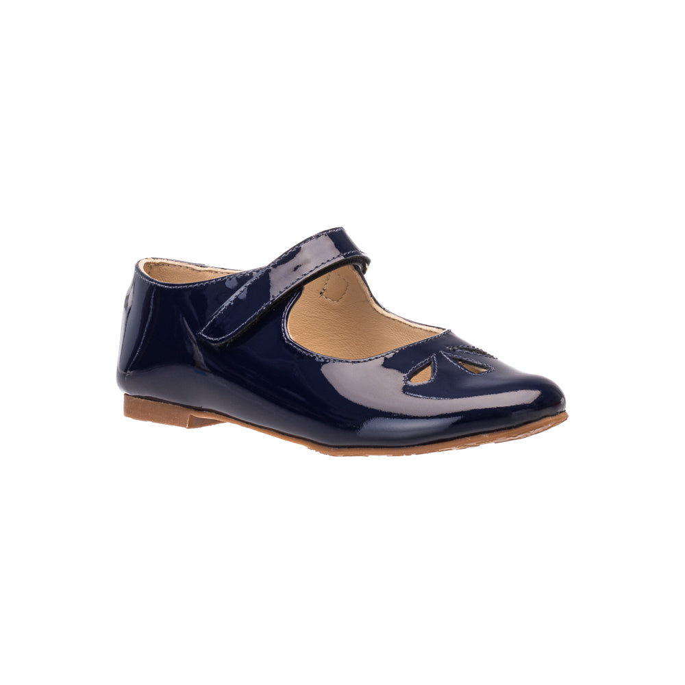 Patent navy blue Mary Jane shoe for girls with cutout flower detail and Velcro strap.
