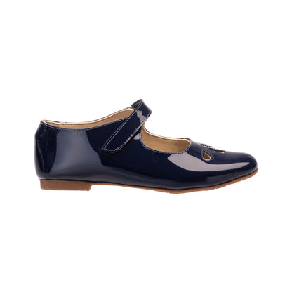 Navy blue patent leather Mary Jane shoe with single strap and rounded toe for girls.