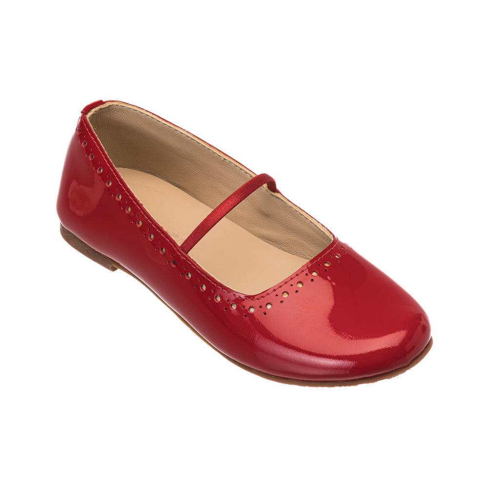 Red patent leather ballerina flat with a thin strap and small decorative perforations.