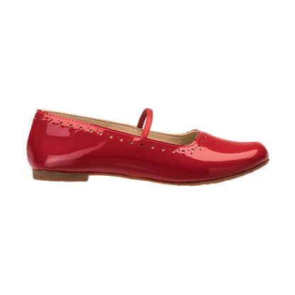 Red patent leather ballerina flat with a single strap and perforated detailing along the edge.