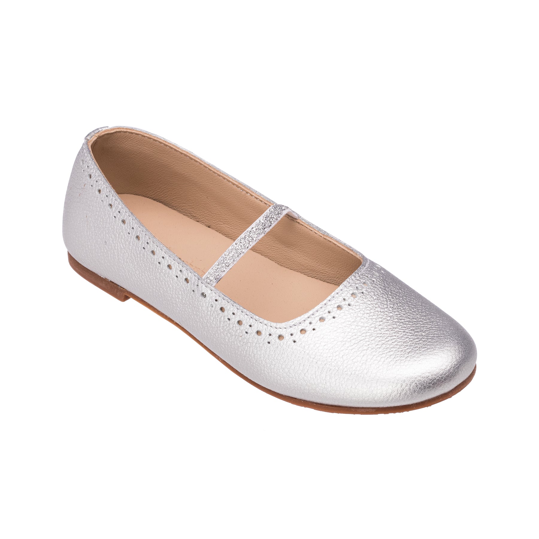 Silver leather ballerina flat for girls with perforated detailing and a thin strap across the instep.