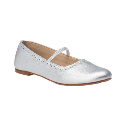 Silver metallic ballet flat with a thin strap and brown sole for girls.