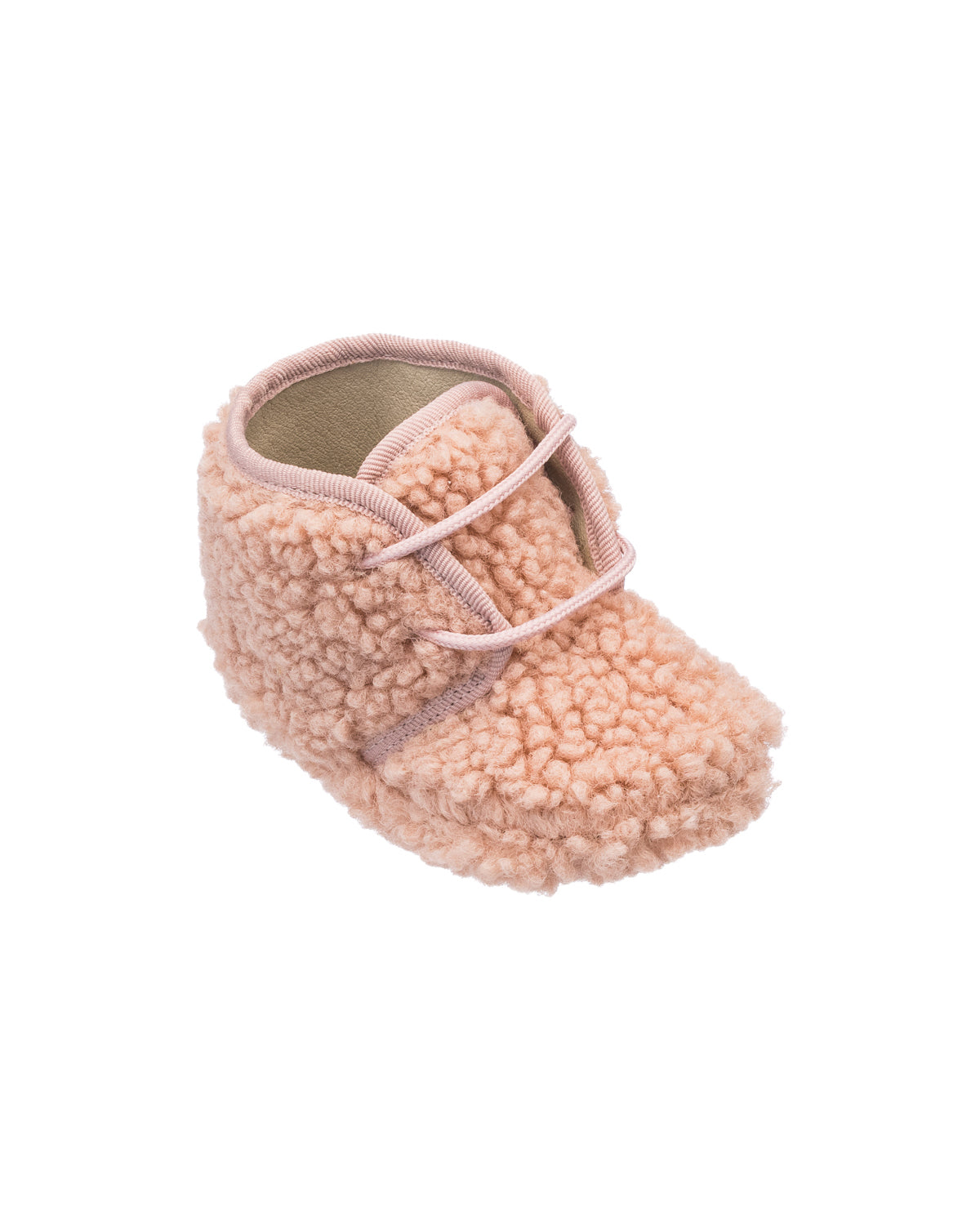 Pink shearling baby bootie with soft textured exterior and light pink laces.