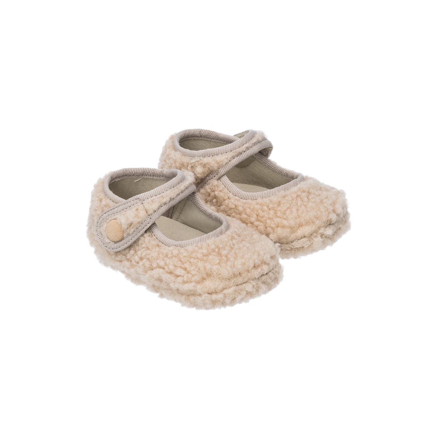 Beige shearling baby Mary Jane shoes with strap and button closure.