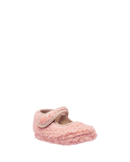 Pink shearling baby Mary Jane shoe with Velcro strap and soft, textured fleece material.