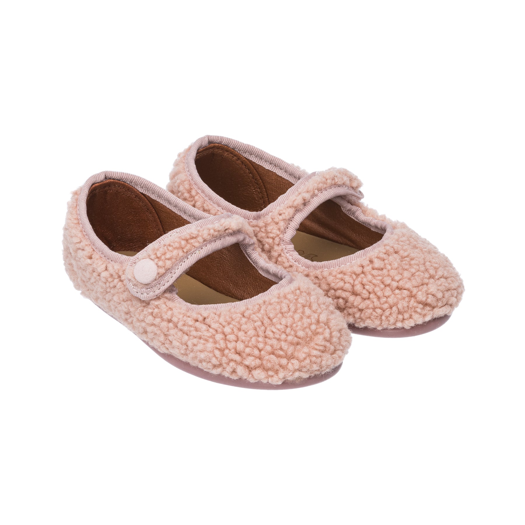 Pink shearling Mary Jane shoes for toddlers with button strap and rounded toe.