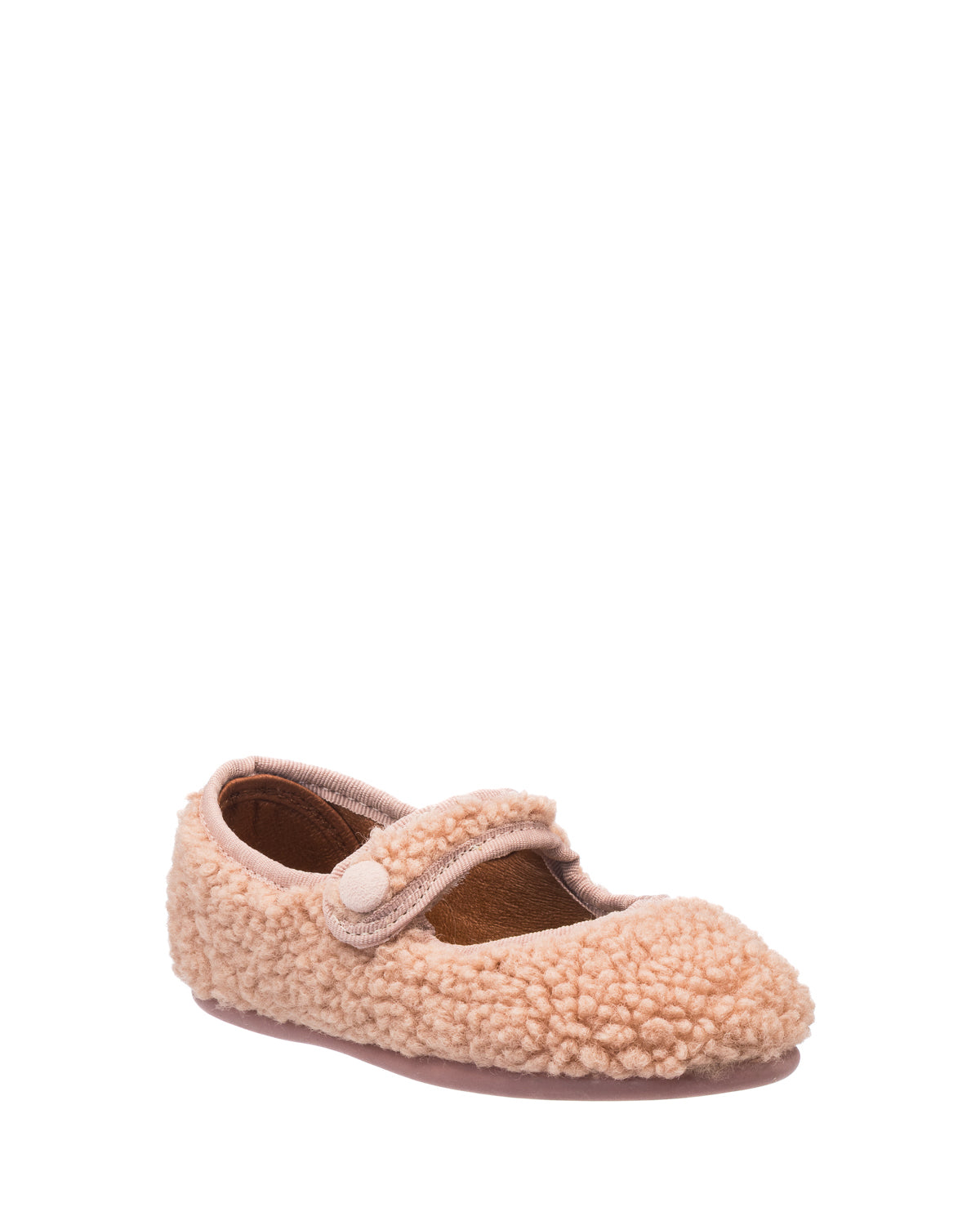 Pink shearling Mary Jane shoe for toddlers with a single strap and button closure.