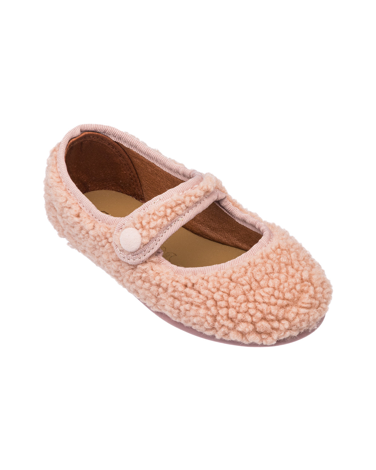 Pink shearling Mary Jane shoe with buttoned strap and soft textured finish.