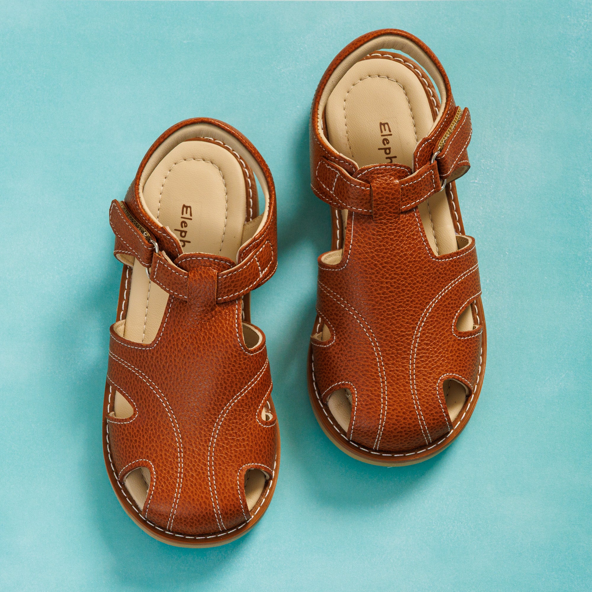 Elephantito - Caramel leather toddler sandals with stitched detailing and adjustable Velcro straps.