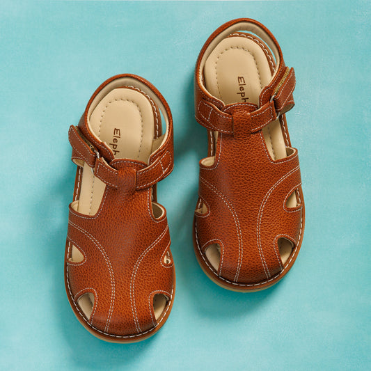 Elephantito - Caramel leather toddler sandals with stitched detailing and adjustable Velcro straps.