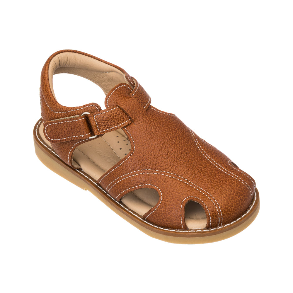 Elephantito - Caramel brown toddler sandal with Velcro strap and open toe design in textured leather.