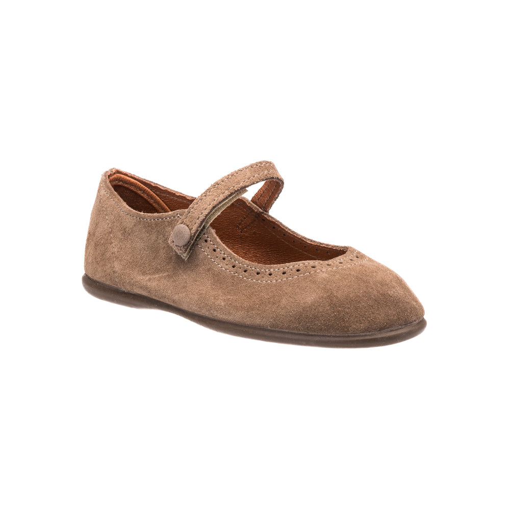 Beige suede Mary Jane shoe with scalloped edges and single strap button closure.