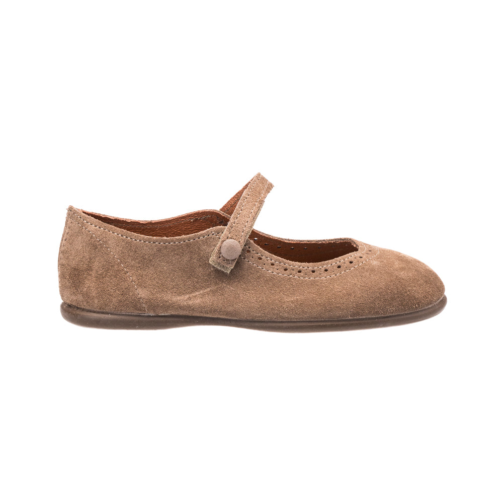 Beige suede Mary Jane shoe for children with a perforated decorative pattern and adjustable strap.