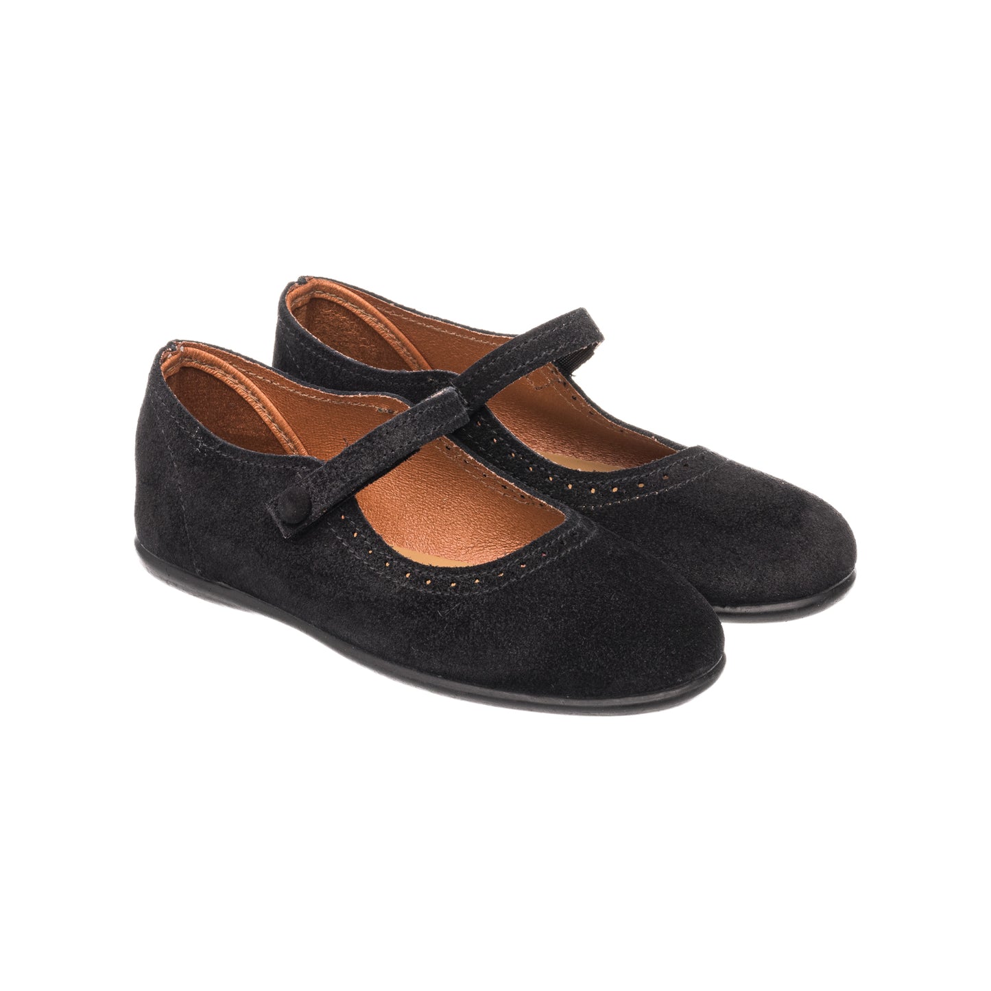 Black suede Mary Jane shoes for girls with adjustable strap and scalloped edge detailing.