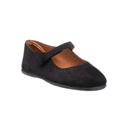 Black suede Mary Jane shoe for children with a hook-and-loop strap and rounded toe.