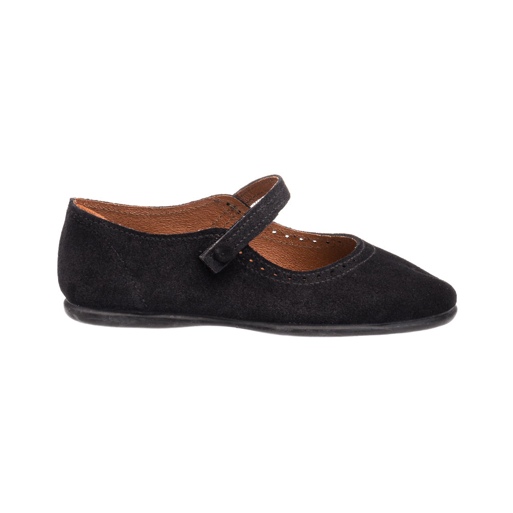 Black suede Mary Jane shoe with adjustable strap and soft sole for toddlers and kids.