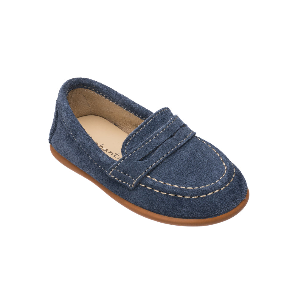 Navy blue suede toddler loafer with penny strap and contrast stitching, brown sole.
