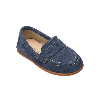 Navy blue suede toddler loafer with penny strap and contrast stitching, brown sole.