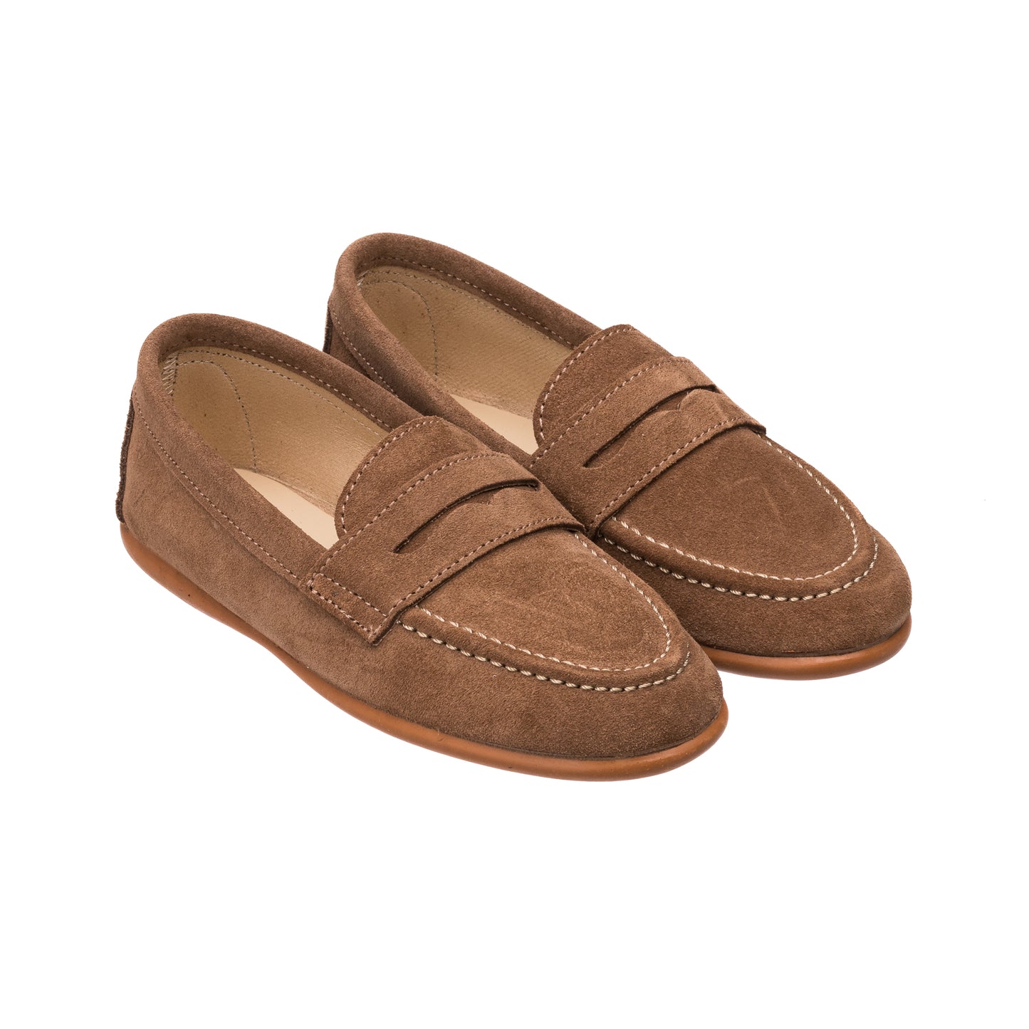 Toffee brown suede penny loafers for boys with stitched detailing and a soft sole.