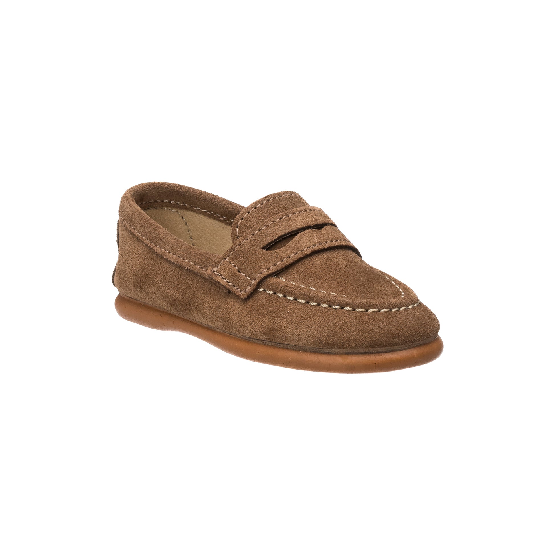 Toffee brown suede penny loafer for boys with moccasin-style stitching and rubber sole.