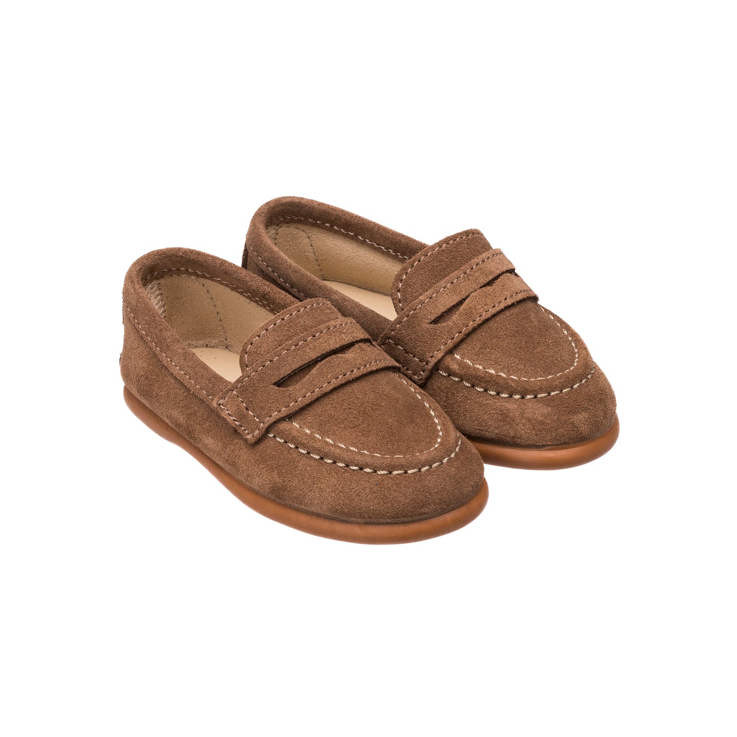 Toffee brown suede penny loafers for toddlers with moccasin-style stitching and rubber soles.