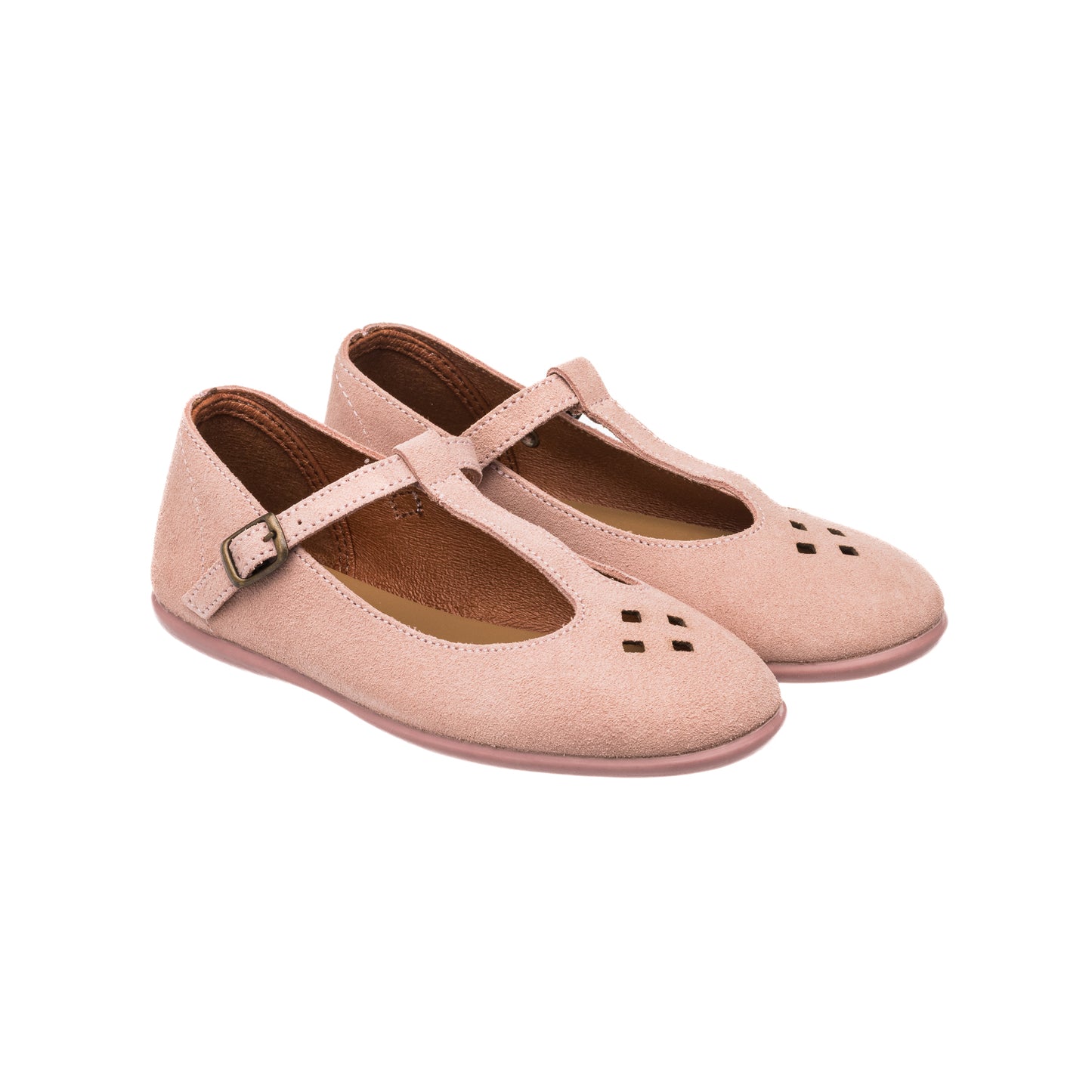 Light pink suede toddler Mary Jane shoes with T-bar strap and small cutout details.