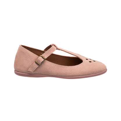 Pink suede toddler T-bar shoe with buckle and perforated toe detailing.