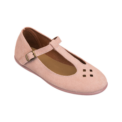 Pink suede T-bar toddler shoe with buckle strap and square cutout design on toe.