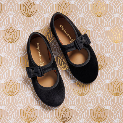 Elephantito - Black velvet Mary Jane shoes for girls with decorative bows and adjustable straps.