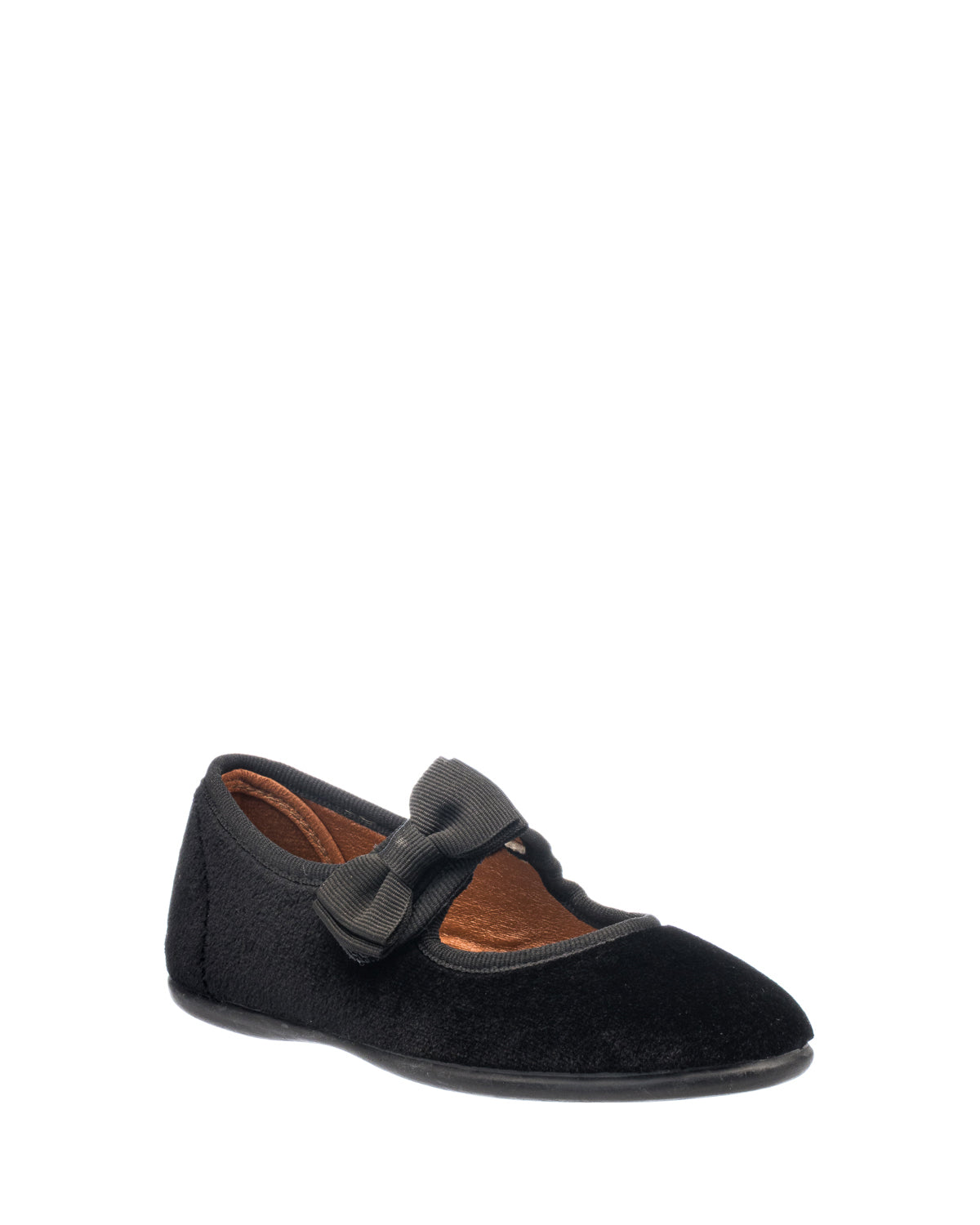 Black velvet Mary Jane shoe with a bow detail and flat sole for toddlers.