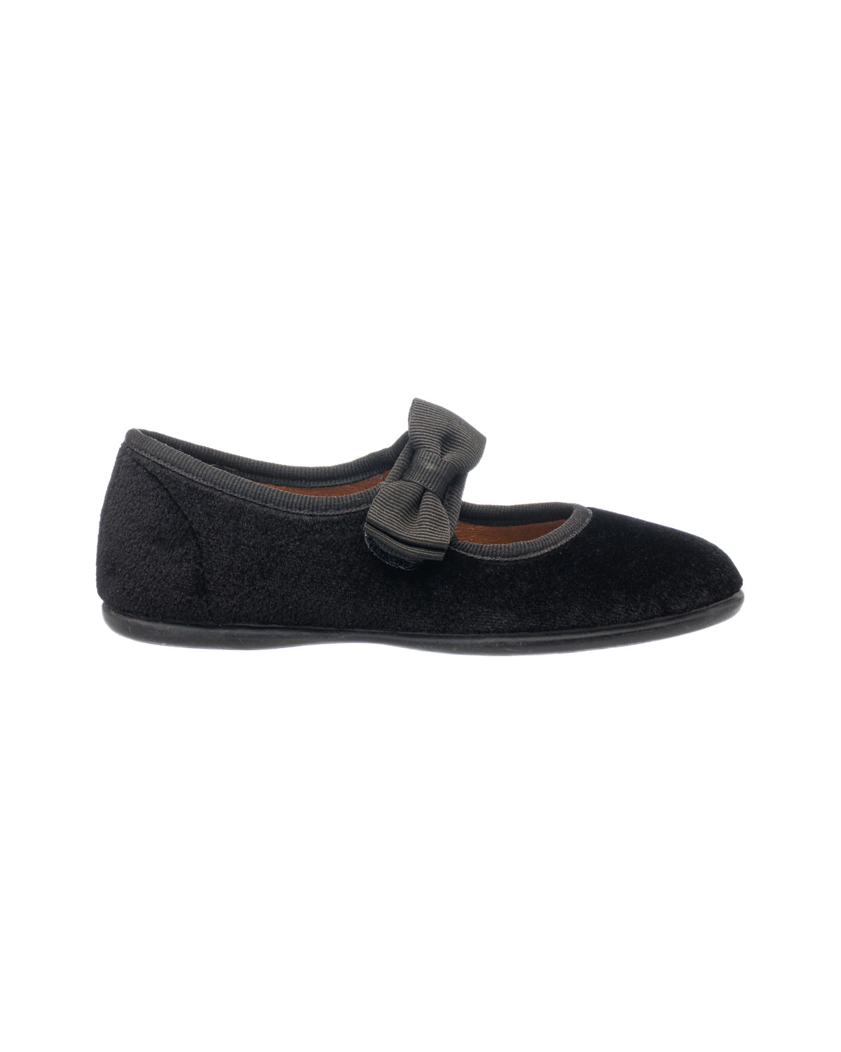 Black velvet Mary Jane shoe with velvet bow and rounded toe for toddlers and little kids.