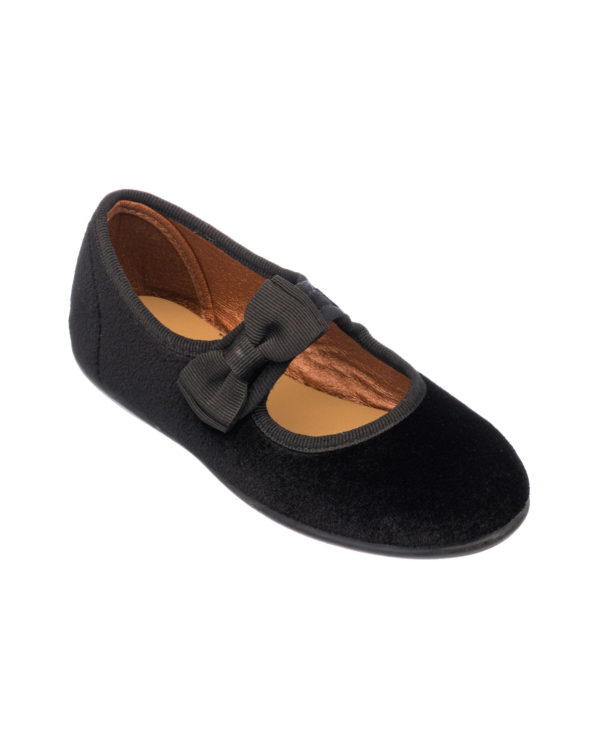 Black velvet Mary Jane shoe for toddlers with a decorative bow and tan interior lining.