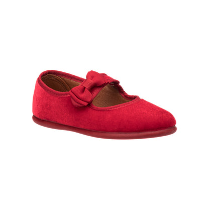 Red velvet Mary Jane shoe for toddlers with a decorative velvet bow and rounded toe.