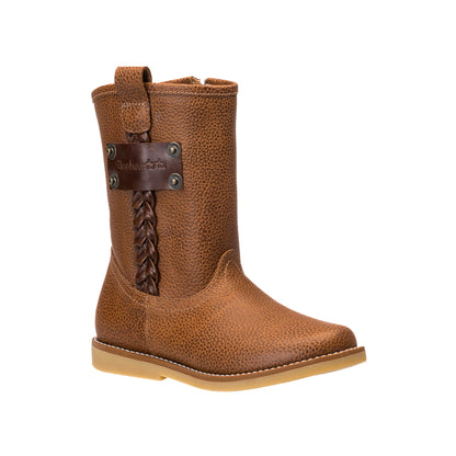 Tan textured leather children's boot with side braided detail and pull tab on tan sole.