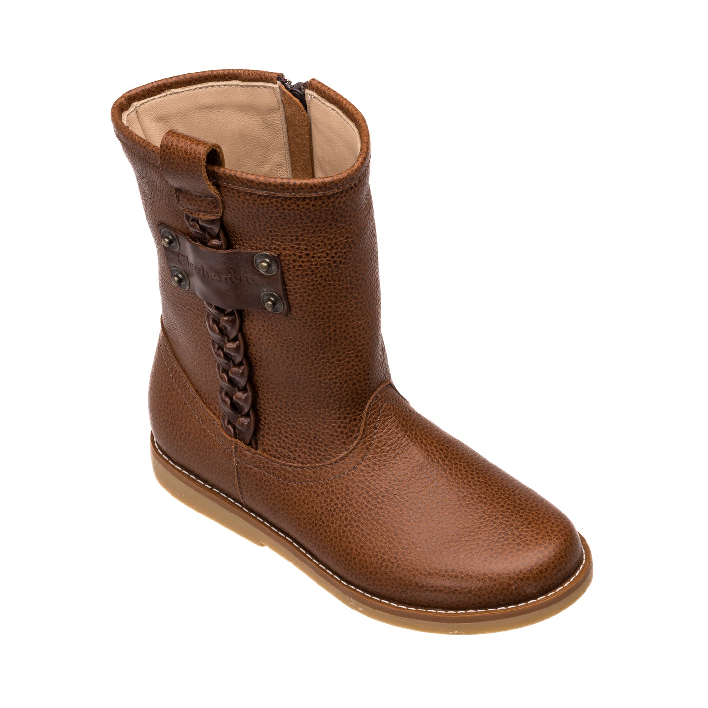 Brown leather toddler boot with woven side detail and pull tab on tan sole.