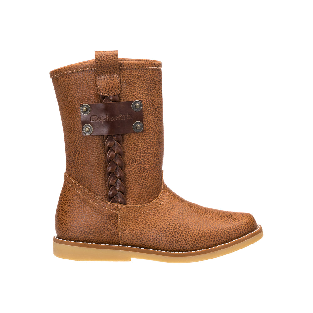 Tan textured leather toddler boot with braided detail and brown leather patch on shaft.