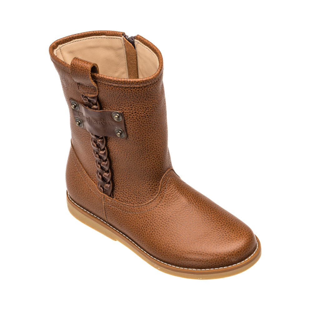 Brown leather toddler boot with side braid detail and flat sole.