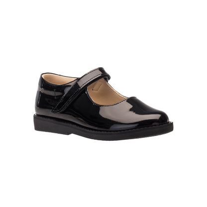 Black patent leather Mary Jane shoe for girls with adjustable strap and low heel.