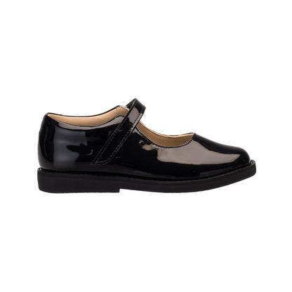 Black patent leather Mary Jane shoe for girls with a hook-and-loop strap and low black sole.