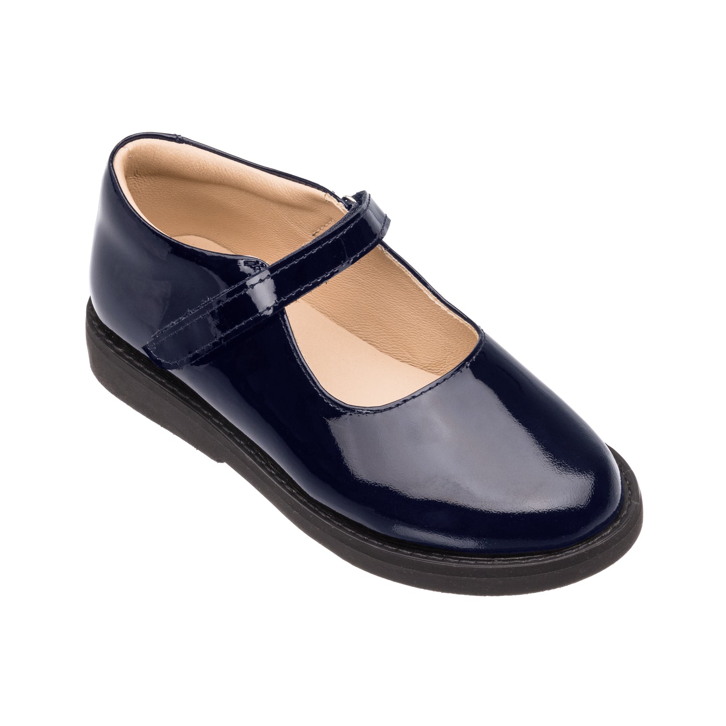 Elephantito - Glossy navy blue patent leather Mary Jane shoe with rounded toe and adjustable strap on black sole.