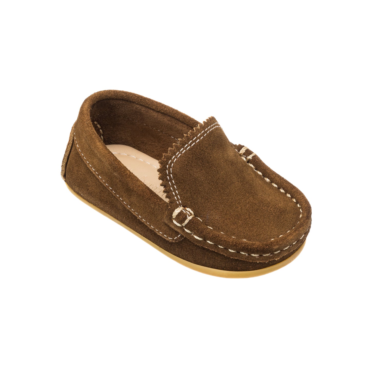 Chestnut suede toddler moccasin with contrast white stitching and soft sole.