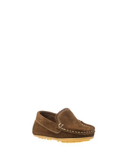 Chestnut suede toddler moccasin with stitched detailing and yellow rubber sole.
