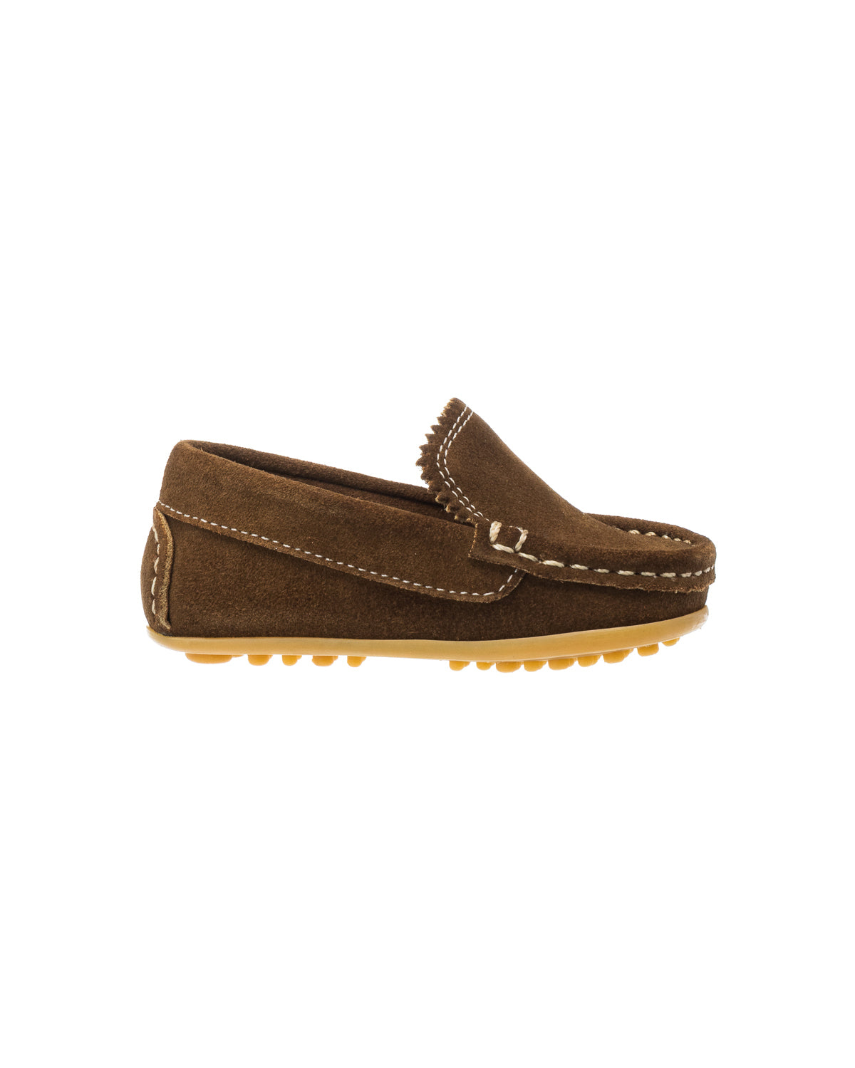Chestnut suede toddler moccasin with hand-stitched detailing and rubber sole treads.