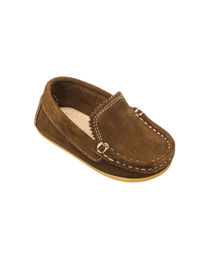 Chestnut suede toddler moccasin with white stitching and soft sole.