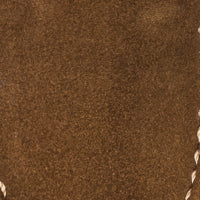 Close-up of chestnut suede with white moccasin stitching detail.
