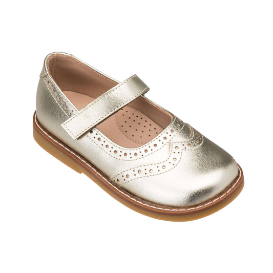 Metallic gold children's Mary Jane shoe with perforated wingtip details and a Velcro strap closure.