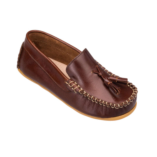 Brown leather loafer with tassels and moccasin-style stitching and tan sole.