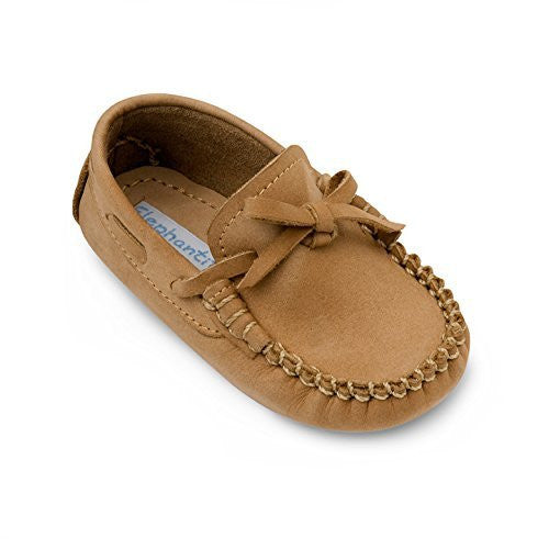 Baby ivory driver loafer with bow detail and moccasin stitching on soft leather upper.