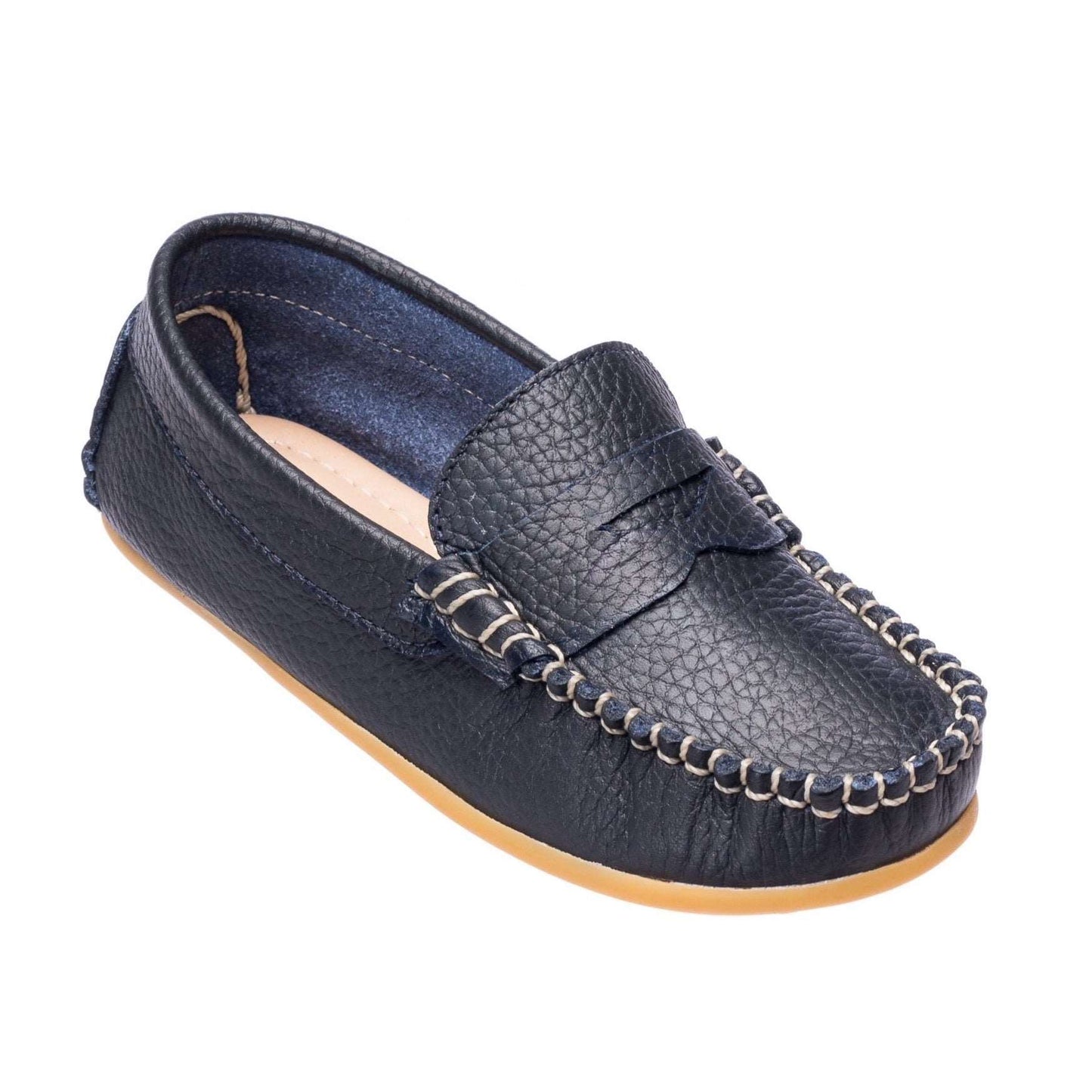 Navy blue toddler loafer with moccasin stitching and tan rubber sole.