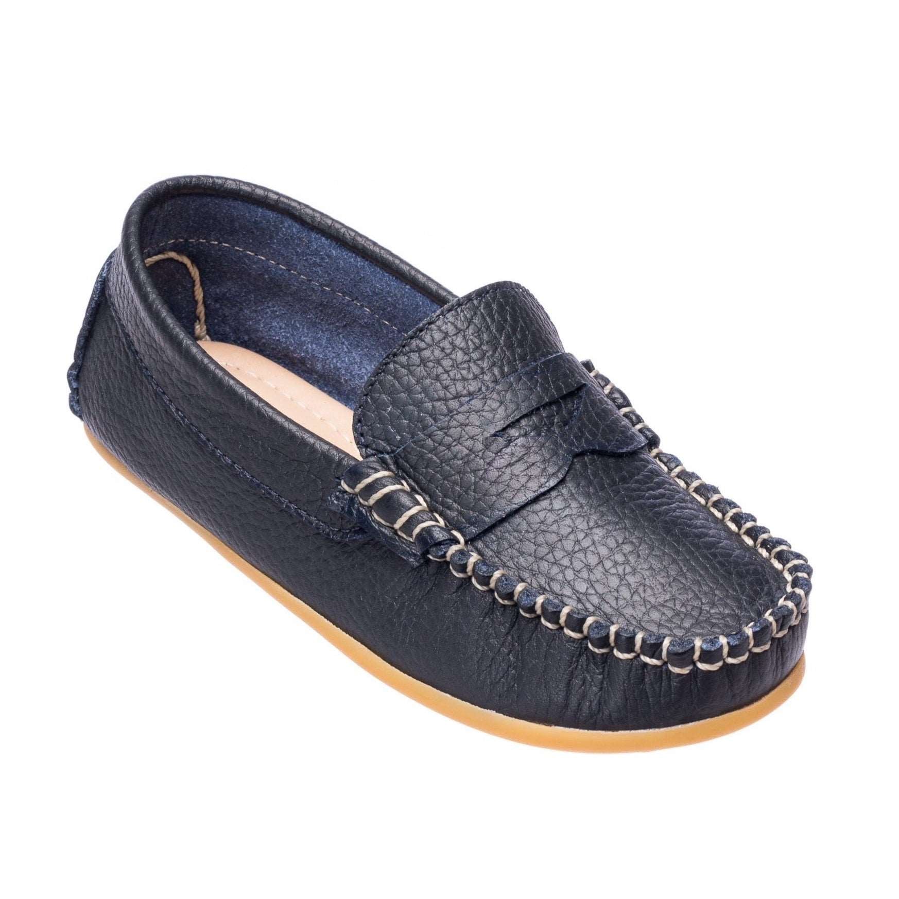 Navy blue toddler loafer with moccasin stitching and tan rubber sole.